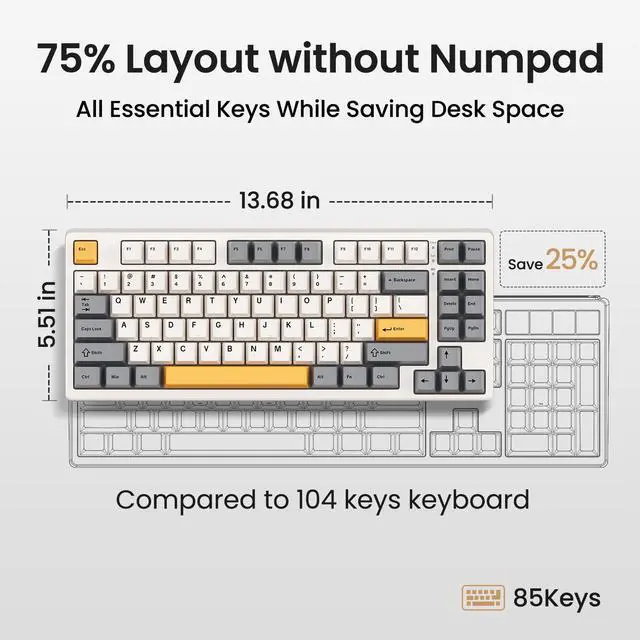 Alt view image 3 of 7 - Kisnt KN85 Wireless Mechanical Keyboard, 75% Layout, Bluetooth/2.4GHz/USB-C, Custom RGB Backlit, Hot-Swappable Linear Switch, Creamy Sound for Gaming/Typing (Retro Beige)