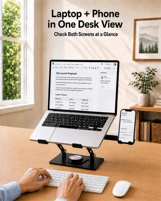 Alt view image 2 of 7 - 2-in-1 Laptop Stand with Phone Holder, 360° Swivel Laptop Riser for Desk | Fits 10-16 Inch Laptops, Height and Angle Adjustment, Carbon Steel Frame, Silicone Contact Pads, Fold-Flat Storage, 1 Pack