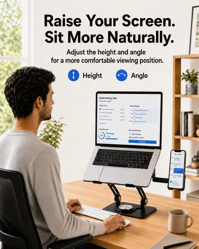 Alt view image 4 of 7 - 2-in-1 Laptop Stand with Phone Holder, 360° Swivel Laptop Riser for Desk | Fits 10-16 Inch Laptops, Height and Angle Adjustment, Carbon Steel Frame, Silicone Contact Pads, Fold-Flat Storage, 1 Pack