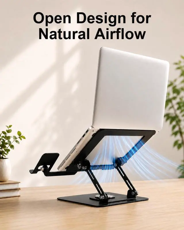 Alt view image 5 of 7 - 2-in-1 Laptop Stand with Phone Holder, 360° Swivel Laptop Riser for Desk | Fits 10-16 Inch Laptops, Height and Angle Adjustment, Carbon Steel Frame, Silicone Contact Pads, Fold-Flat Storage, 1 Pack