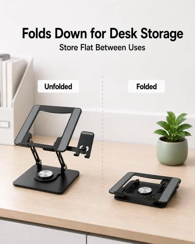 Alt view image 6 of 7 - 2-in-1 Laptop Stand with Phone Holder, 360° Swivel Laptop Riser for Desk | Fits 10-16 Inch Laptops, Height and Angle Adjustment, Carbon Steel Frame, Silicone Contact Pads, Fold-Flat Storage, 1 Pack
