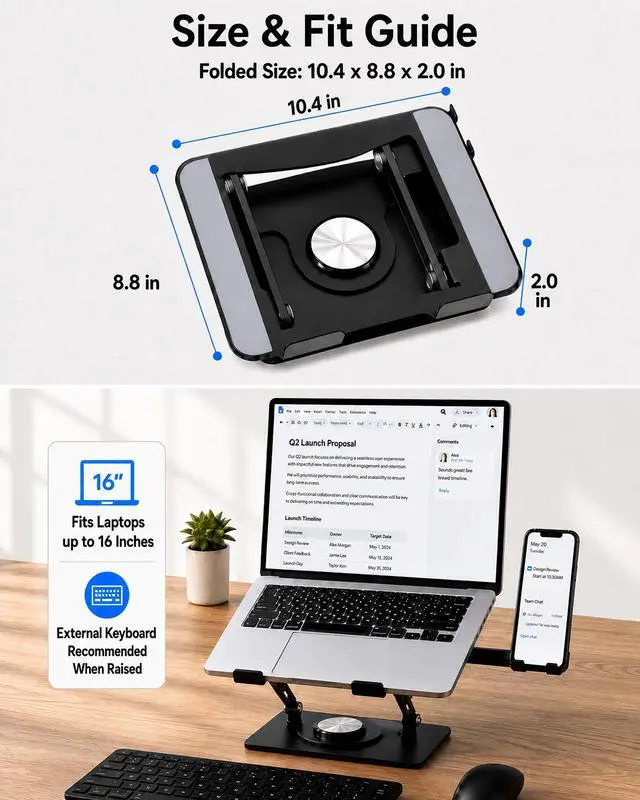 Alt view image 7 of 7 - 2-in-1 Laptop Stand with Phone Holder, 360° Swivel Laptop Riser for Desk | Fits 10-16 Inch Laptops, Height and Angle Adjustment, Carbon Steel Frame, Silicone Contact Pads, Fold-Flat Storage, 1 Pack