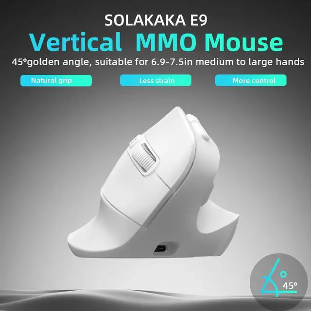 Alt view image 3 of 7 - SOLAKAKA E9 Vertical MMO Gaming Mouse 10 Side Buttons,White | 24800 DPI,45° Vertical Grip,Tri-Mode 2.4G/BT/USB-C,RGB,Web Driver,Programmable Macros for PC/Mac