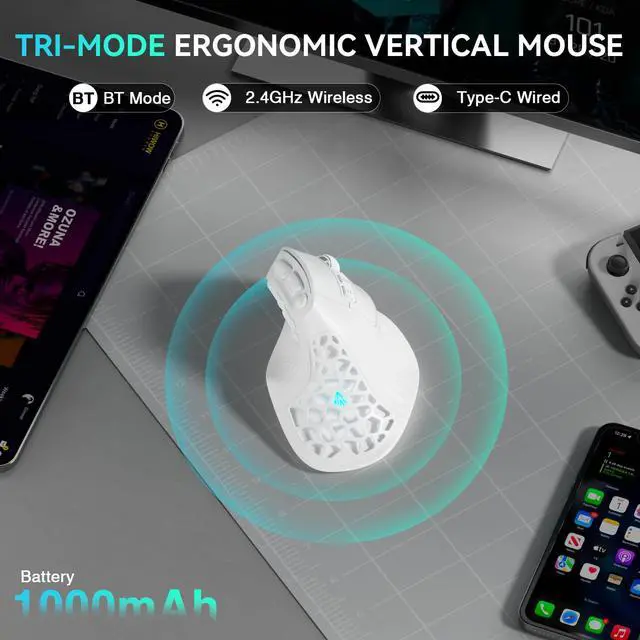 Alt view image 5 of 7 - SOLAKAKA E9 Vertical MMO Gaming Mouse 10 Side Buttons,White | 24800 DPI,45° Vertical Grip,Tri-Mode 2.4G/BT/USB-C,RGB,Web Driver,Programmable Macros for PC/Mac