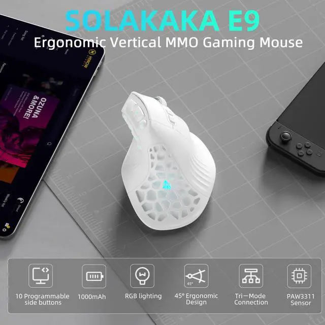 Alt view image 2 of 7 - SOLAKAKA E9 Vertical MMO Gaming Mouse 10 Side Buttons,White | 24800 DPI,45° Vertical Grip,Tri-Mode 2.4G/BT/USB-C,RGB,Web Driver,Programmable Macros for PC/Mac