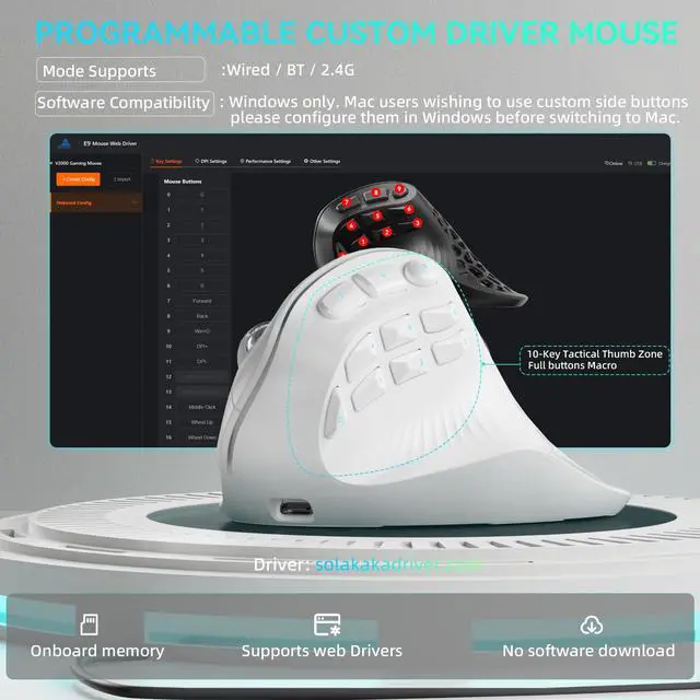 Alt view image 7 of 7 - SOLAKAKA E9 Vertical MMO Gaming Mouse 10 Side Buttons,White | 24800 DPI,45° Vertical Grip,Tri-Mode 2.4G/BT/USB-C,RGB,Web Driver,Programmable Macros for PC/Mac