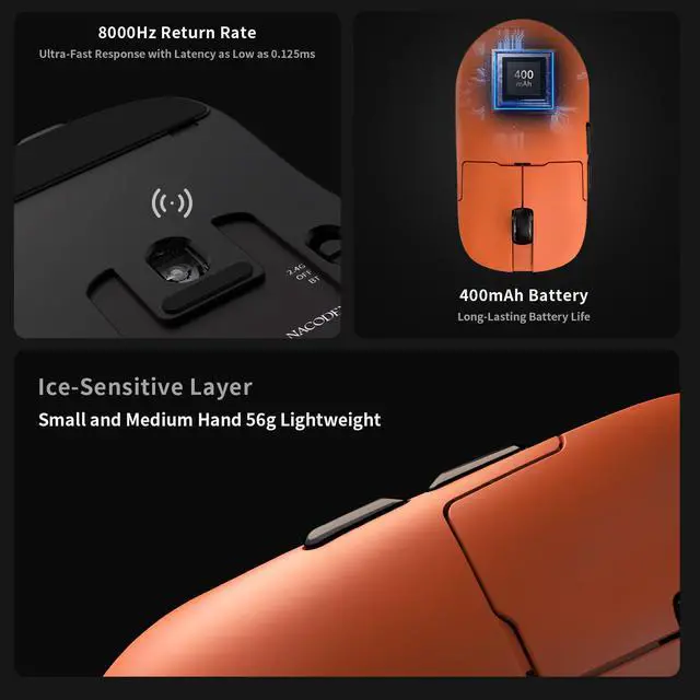 Alt view image 6 of 6 - DAIDAI Ajazz AJ159 APEX Wireless Gaming Mouse with TFT Color Screen Charging Dock, 56g Ultra-Lightweight Ambidextrous Mice, PAW3950 Sensor, Tri-Mode, Orange