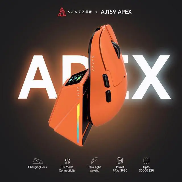 Alt view image 2 of 6 - DAIDAI Ajazz AJ159 APEX Wireless Gaming Mouse with TFT Color Screen Charging Dock, 56g Ultra-Lightweight Ambidextrous Mice, PAW3950 Sensor, Tri-Mode, Orange