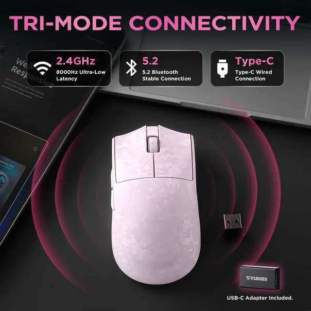 Alt view image 6 of 7 - YUNZII M2 Dual 8K Wireless Gaming Mouse, PAW3395, 6-Level DPI(Pink) | Carbon Fiber Decorative Pattern,Up to 30000 DPI,63g Ultra-Lightweight,Software and Web customization,Wired/BT/2.4GHz,500mAh