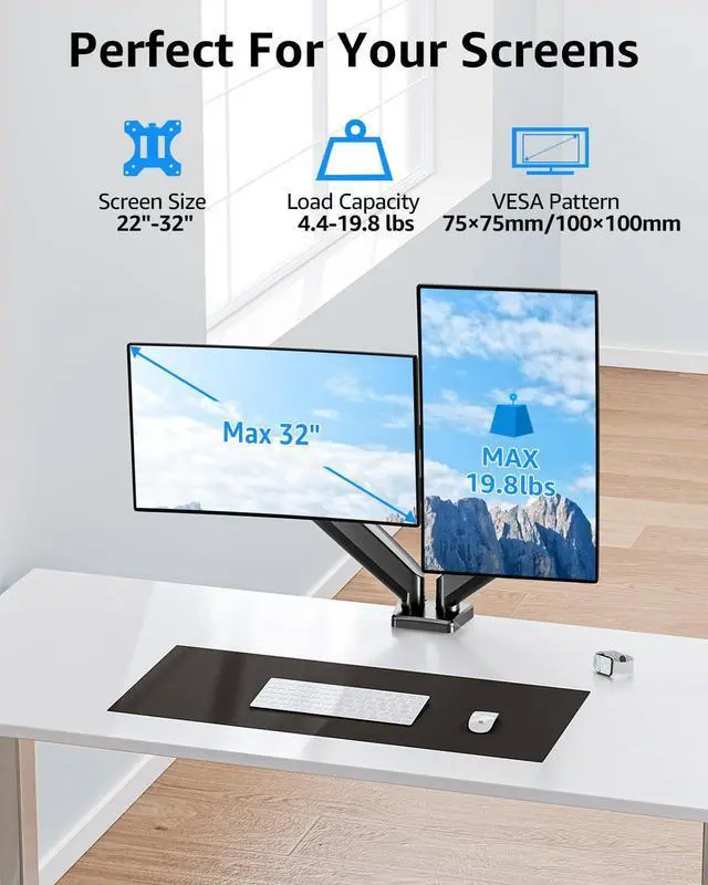Alt view image 2 of 5 - Dual Monitor Stand fits up to 32 inch, 4.4-19.8 lbs Computer Screens, Dual Monitor Desk Mount Height Adjustable, Monitor Arms for 2 Monitors, Home Office VESA Mounts, Freelift Black