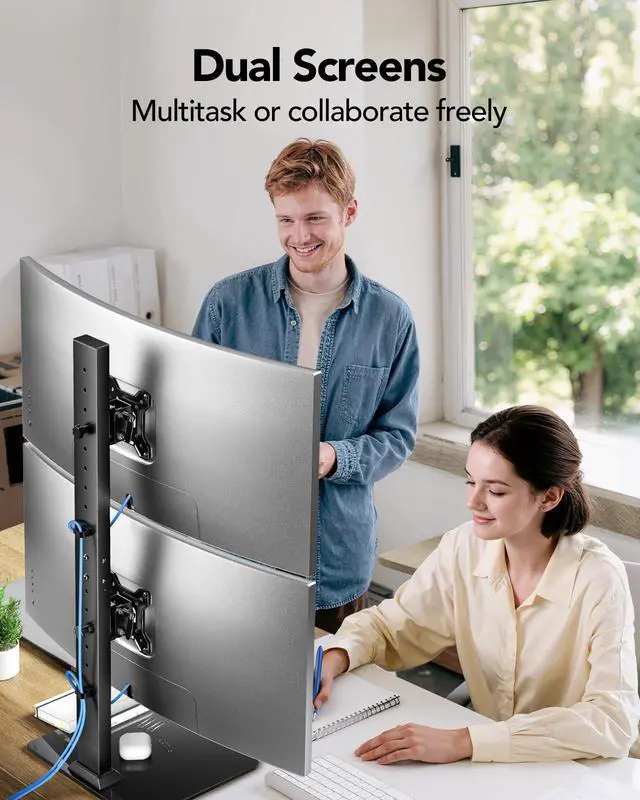 Alt view image 5 of 7 - HUANUO Dual Monitor Stand for 13 to 34 Inch, Max Load 44 lbs, Vertical Monitor Mount, Freestanding Monitor Riser with Swivel, Tilt, Rotation, 13 Height Settings, Max VESA 100x100