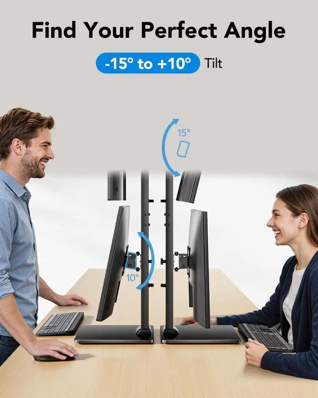Alt view image 6 of 7 - HUANUO Dual Monitor Stand for 13 to 34 Inch, Max Load 44 lbs, Vertical Monitor Mount, Freestanding Monitor Riser with Swivel, Tilt, Rotation, 13 Height Settings, Max VESA 100x100