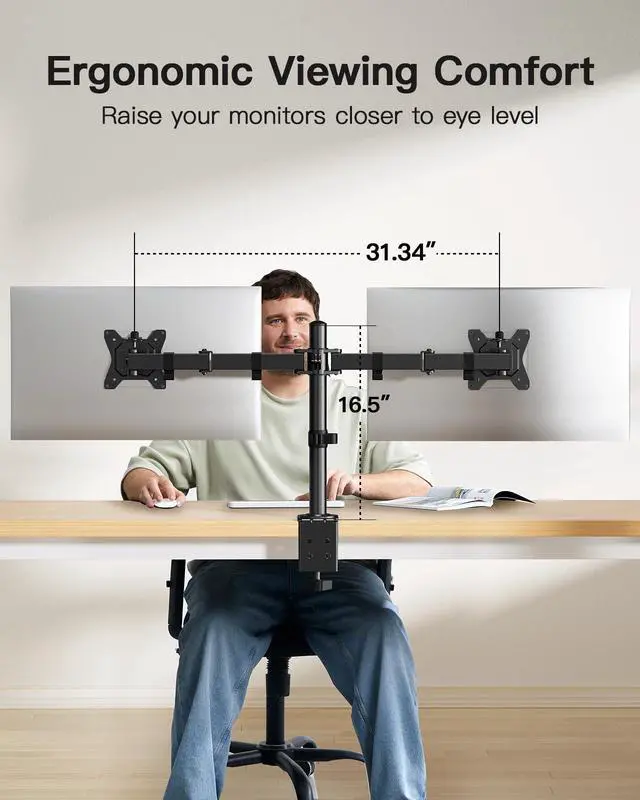 Alt view image 5 of 7 - HUANUO Dual Monitor Mount for 2 Monitors up to 32 inches, Heavy Duty Dual Monitor Stand Holds up to17.6lbs, Dual Monitor Arm with Height Adjustable Tilt Swive Rotate, VESA Hole 75mm or 100mm