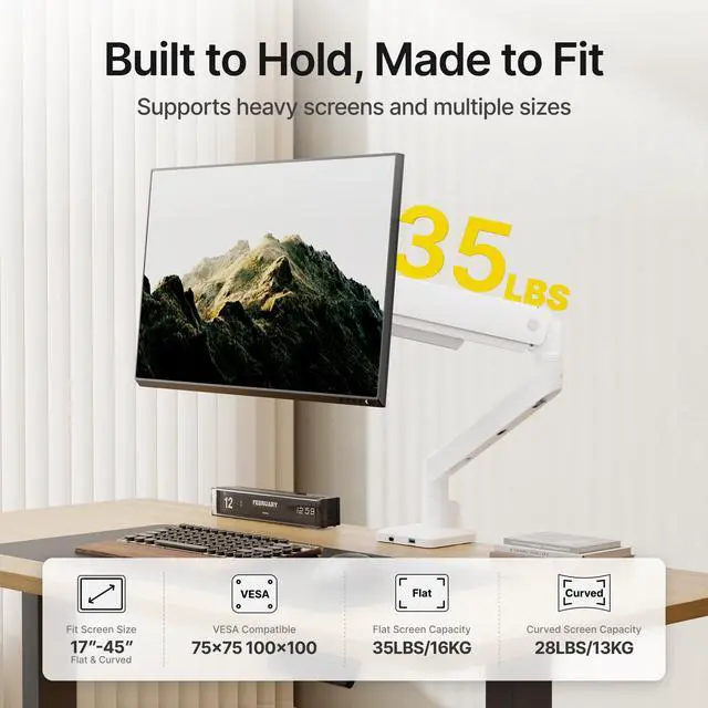 Alt view image 2 of 7 - monTEK Single Monitor Arm for Max 45 Inch Ultrawide Screens, Holds 35 Lbs | Adjustable Monitor Desk Mount with C Clamp/Grommet Desk Mount, Cable Management, VESA 75/100mm, White