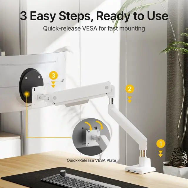 Alt view image 3 of 7 - monTEK Single Monitor Arm for Max 45 Inch Ultrawide Screens, Holds 35 Lbs | Adjustable Monitor Desk Mount with C Clamp/Grommet Desk Mount, Cable Management, VESA 75/100mm, White