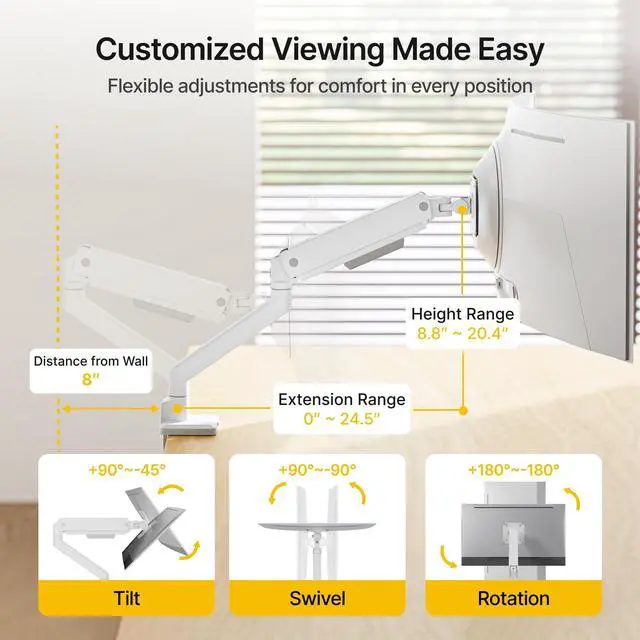 Alt view image 4 of 7 - monTEK Single Monitor Arm for Max 45 Inch Ultrawide Screens, Holds 35 Lbs | Adjustable Monitor Desk Mount with C Clamp/Grommet Desk Mount, Cable Management, VESA 75/100mm, White