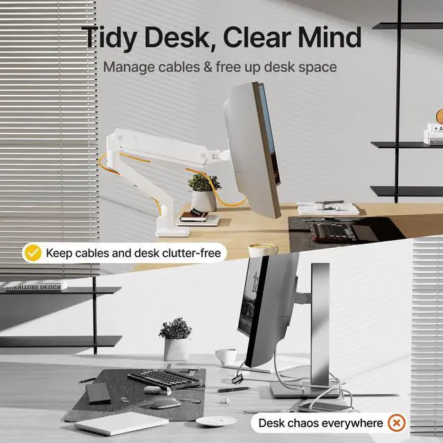 Alt view image 5 of 7 - monTEK Single Monitor Arm for Max 45 Inch Ultrawide Screens, Holds 35 Lbs | Adjustable Monitor Desk Mount with C Clamp/Grommet Desk Mount, Cable Management, VESA 75/100mm, White