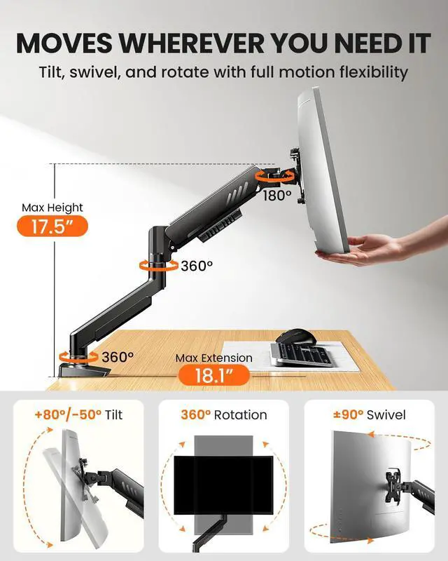 Alt view image 4 of 7 - ErGear Single Monitor Arm, Fully Adjustable Monitor Mount for 1334 Inch Screens, Fast Install Computer Monitor Stand with Tool-Free VESA Mount, Cable Management, Holds 19.8 lbs, Max VESA 100x100mm