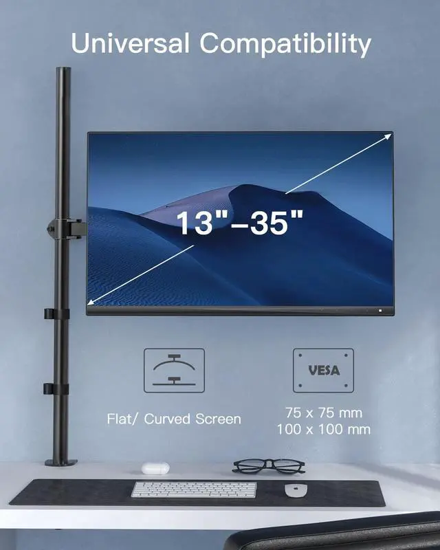 Alt view image 2 of 7 - HUANUO Single Monitor Arm with 39 inch Extra-Tall Pole, Adjustable Computer Desk Mount for 1332 inch Screens and up to 38 inch Ultrawide Screens, Hold 22 lbs, Monitor Stand with C-Clamp & Grommt Base