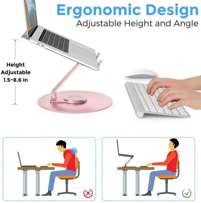 Alt view image 6 of 7 - Swivel Laptop Stand for Desk, Adjustable Height Aluminum Computer Stand with 360 Rotating Base, Foldable Ergonomic Riser, Portable Laptop Holder Compatible with MacBook, All Laptops 10-17'', Pink