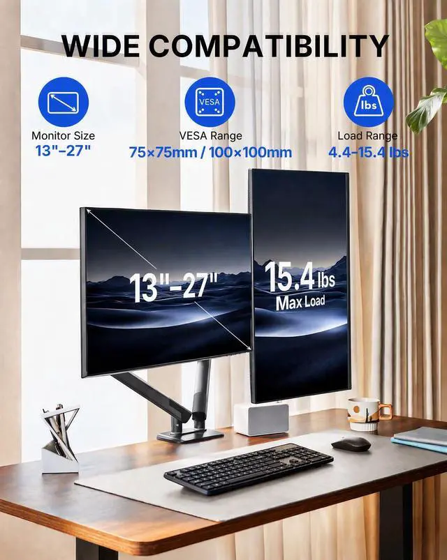 Alt view image 2 of 4 - HUANUO FlowLift Pro Dual Monitor Mount for 1327" Screens, MechaSpring Monitor Stand, Adjustable Monitor Arms for 2 Monitors with Tilt/Swivel/Rotation, Tool-Free VESA Mount, Max Load 15.4 lbs