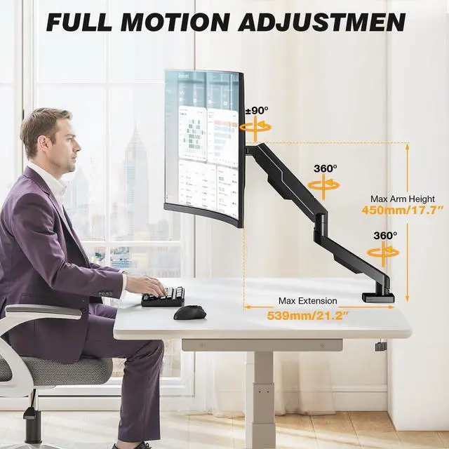 Alt view image 3 of 7 - 5Rcom Single Monitor Arm for 13-35 Inch Computer Screens | Fully Adjustable Heavy Duty Mount, Holds 22lbs, Fast Install, Cable Management, Black
