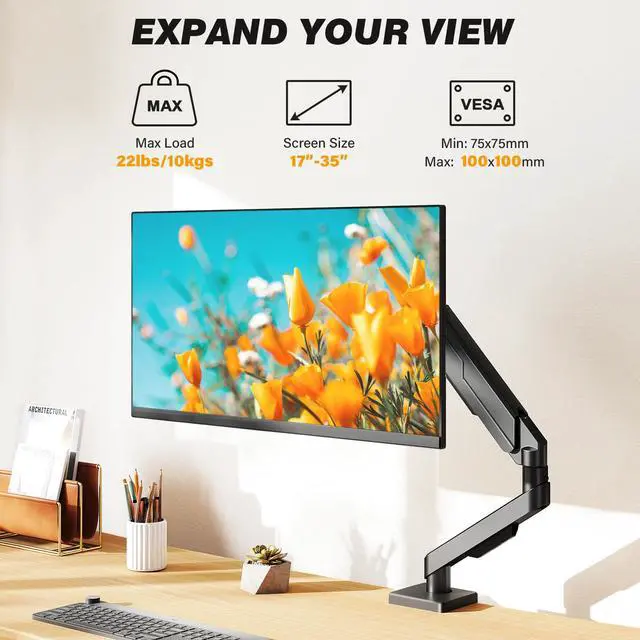 Alt view image 2 of 7 - 5Rcom Single Monitor Arm for 13-35 Inch Computer Screens | Fully Adjustable Heavy Duty Mount, Holds 22lbs, Fast Install, Cable Management, Black