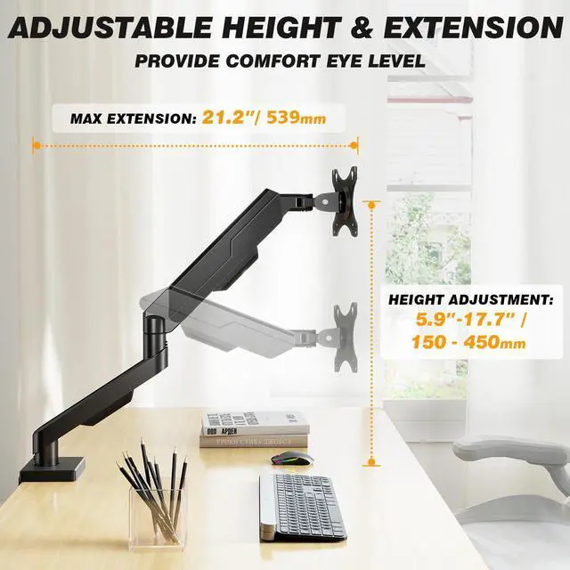 Alt view image 4 of 7 - 5Rcom Single Monitor Arm for 13-35 Inch Computer Screens | Fully Adjustable Heavy Duty Mount, Holds 22lbs, Fast Install, Cable Management, Black