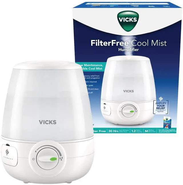 Main image of Vicks Filter-Free Ultrasonic Humidifier, Recommended by Pediatricians | 1.2 Gal Ultrasonic Cool Mist Humidifiers for Bedrooms & Kids Rooms, Works with Vicks VapoPads