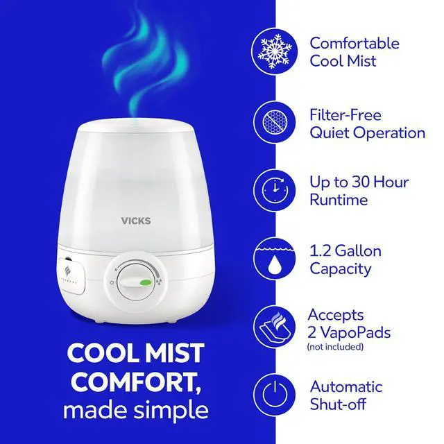 Alt view image 2 of 7 - Vicks Filter-Free Ultrasonic Humidifier, Recommended by Pediatricians | 1.2 Gal Ultrasonic Cool Mist Humidifiers for Bedrooms & Kids Rooms, Works with Vicks VapoPads