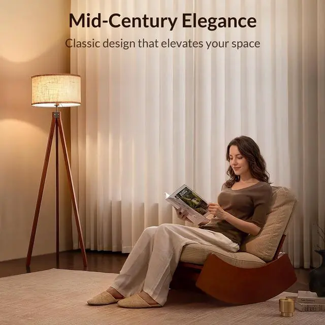 Alt view image 2 of 7 - Tripod Floor Lamp Mid Century Modern Standing Lamps for Living Room | Light-Diffusing Linen Shade, Premium Rubberwood Tripod with E26 Base, Adding Warmth to Bedroom, Office & Study Corner Brown