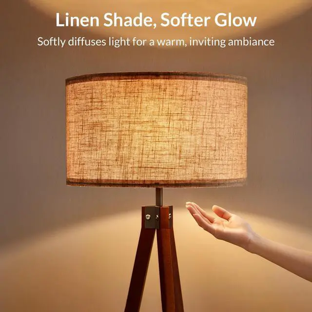 Alt view image 4 of 7 - Tripod Floor Lamp Mid Century Modern Standing Lamps for Living Room | Light-Diffusing Linen Shade, Premium Rubberwood Tripod with E26 Base, Adding Warmth to Bedroom, Office & Study Corner Brown