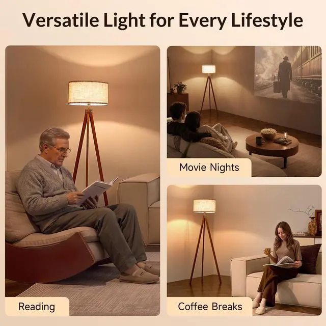 Alt view image 5 of 7 - Tripod Floor Lamp Mid Century Modern Standing Lamps for Living Room | Light-Diffusing Linen Shade, Premium Rubberwood Tripod with E26 Base, Adding Warmth to Bedroom, Office & Study Corner Brown