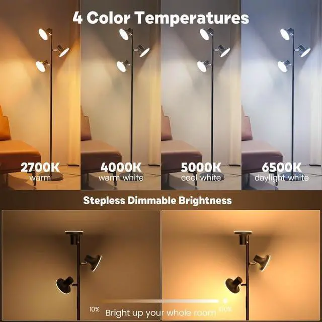 Alt view image 4 of 7 - SIBRILLE 36W LED Tree Floor Lamp, Modern Dimmable Standing Lamp with Remote & Touch Control, 4 Color Temperatures, 3 Rotatable LED Light Floor Lamps for Living Room, Bedroom, Office
