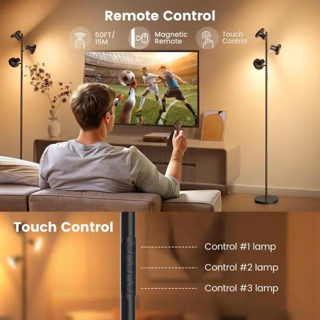 Alt view image 6 of 7 - SIBRILLE 36W LED Tree Floor Lamp, Modern Dimmable Standing Lamp with Remote & Touch Control, 4 Color Temperatures, 3 Rotatable LED Light Floor Lamps for Living Room, Bedroom, Office