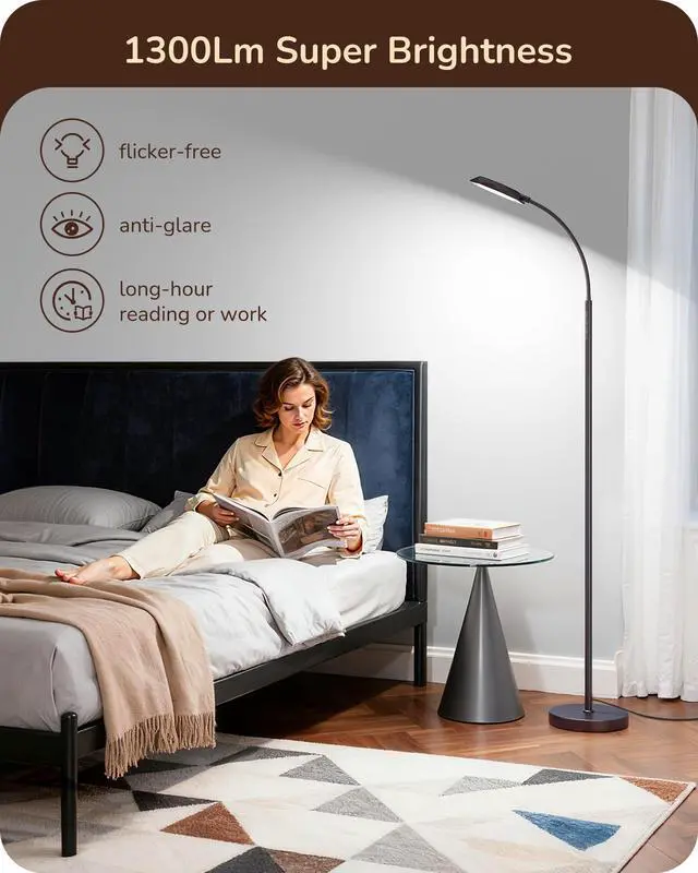 Alt view image 4 of 7 - EDISHINE Modern LED Floor Lamp 1300LM Floor Lamps for Living Room Brown | Dimmable, 4 Color Temperature, Remote & Touch Control, 2 Timer, Adjustable Gooseneck for Bedroom, Office