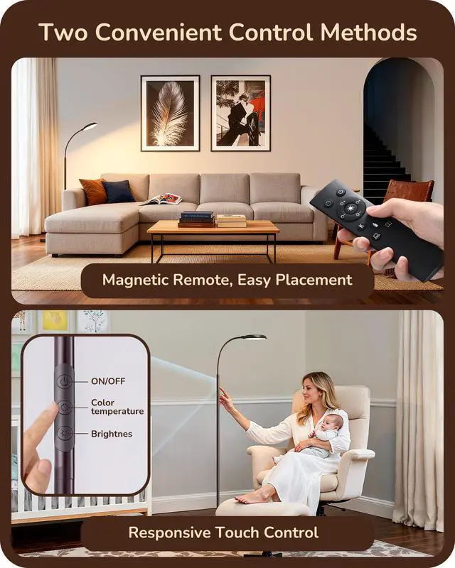 Alt view image 5 of 7 - EDISHINE Modern LED Floor Lamp 1300LM Floor Lamps for Living Room Brown | Dimmable, 4 Color Temperature, Remote & Touch Control, 2 Timer, Adjustable Gooseneck for Bedroom, Office