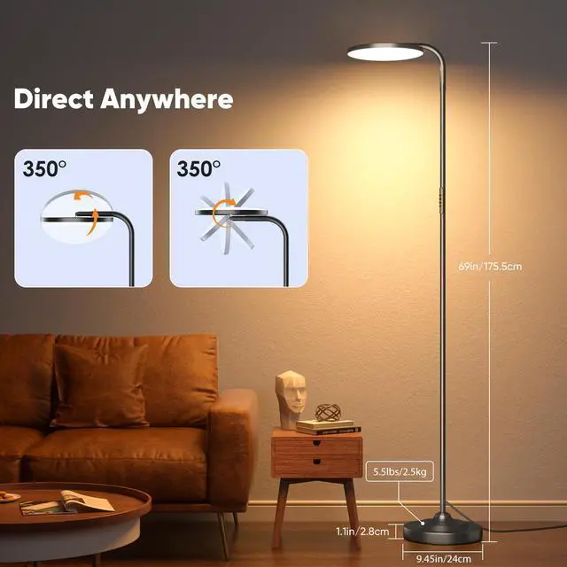 Alt view image 5 of 7 - SIBRILLE 36W LED Floor Lamp, Super Bright Standing Lamp, Modern Stepless Dimmable Torchiere Tall Lamp with Remote Control, 350°Rotating Head Reading Floor Lamp for Living Room, Bedroom, Office