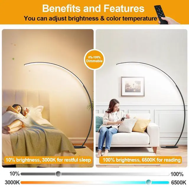 Alt view image 5 of 7 - Dimmable LED Lamps for Living Room with 3 Color Temperatures, Ultra Bright 2000LM Arc Floor Lamps, Modern Standing Tall Lamp with Remote Control Reading Floor Lamp for Bedroom Office Classroom