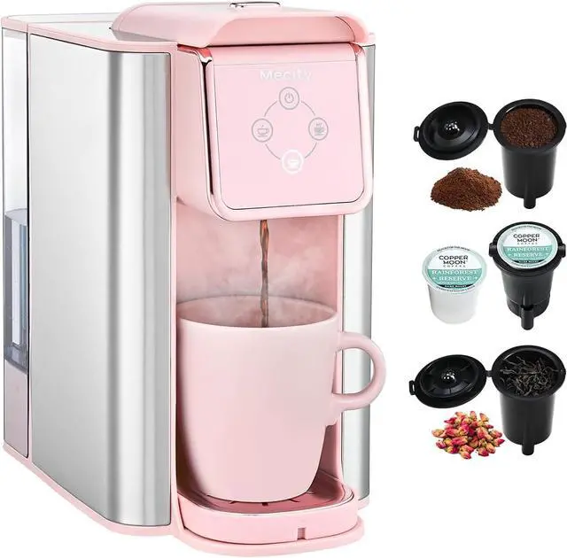 Main image of Mecity Pink Coffee Maker 3-in-1 Single Serve Coffee Machine, For Flat Bottom Coffee Capsule, Ground Coffee, 6 to 10 Ounce Cup, Removable 50 Oz Water Reservoir, 120V 1150W
