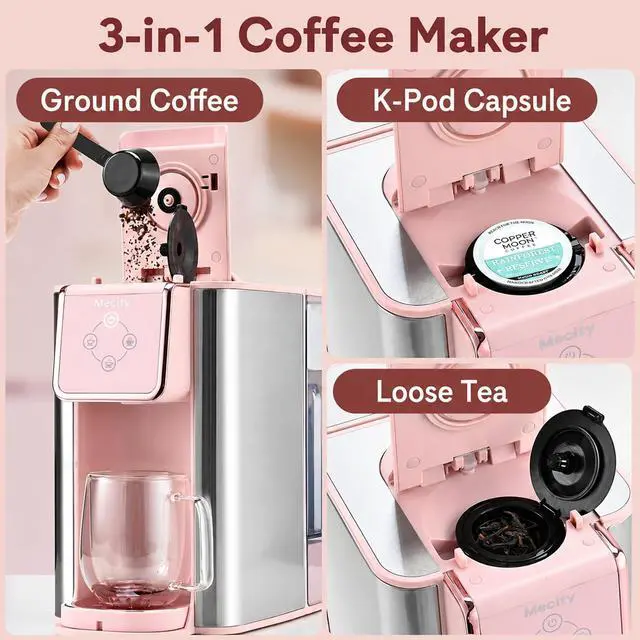 Alt view image 5 of 7 - Mecity Pink Coffee Maker 3-in-1 Single Serve Coffee Machine, For Flat Bottom Coffee Capsule, Ground Coffee, 6 to 10 Ounce Cup, Removable 50 Oz Water Reservoir, 120V 1150W