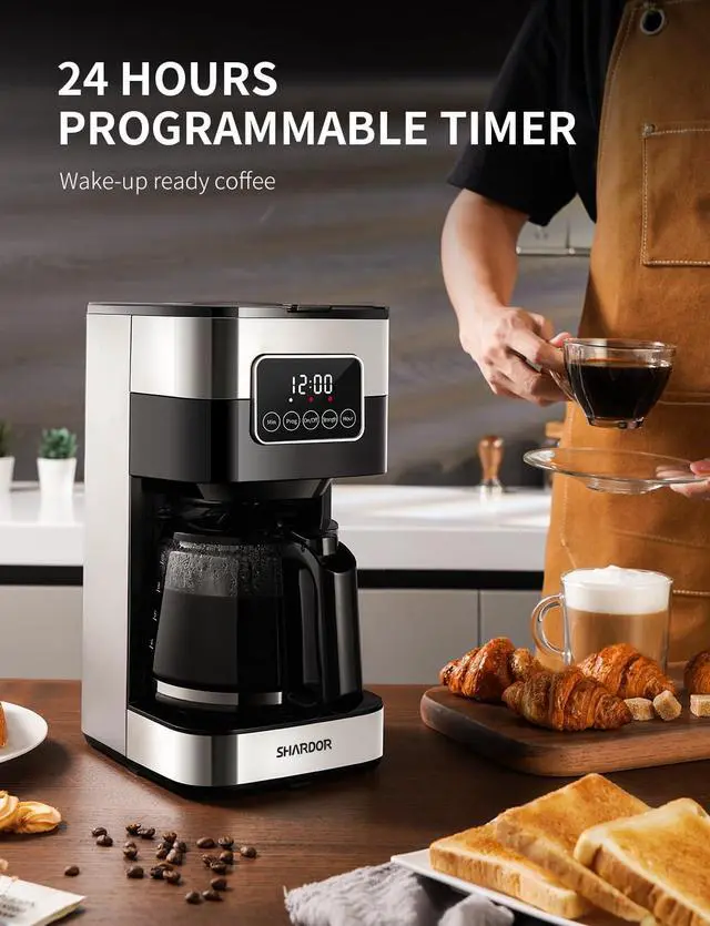 Alt view image 3 of 7 - SHARDOR 10-Cup Programmable Coffee Maker, Regular & Strong Brew Drip Coffee Machine for Home and Office, Auto Shut Off, Permanent Filter, Silver