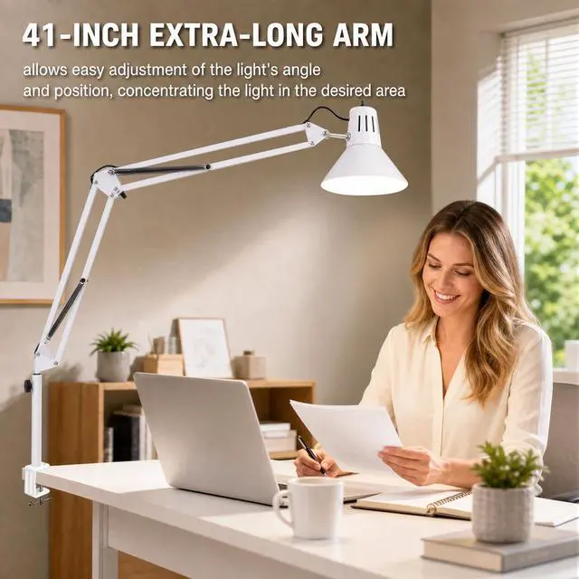 Alt view image 4 of 7 - White Desk Lamp with Clamp, Extra-Tall Adjustable Metal Swing Arm, 5000K | Manicurist Table Lamp for Nail Work, Drafting, Sewing, Crafting, College Dorm and Home Office, A19 Bulb Included