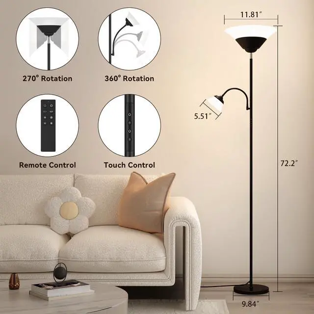 Alt view image 2 of 7 - SIBRILLE 2-in-1 Torchiere Floor Lamp, 34W Super Bright LED Standing Lamp with Remote & Touch Control, 72" Dimmable Adjustable Corner Reading Lamp for Living Room, Bedroom, Office, Black