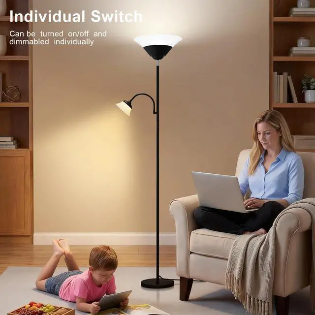 Alt view image 3 of 7 - SIBRILLE 2-in-1 Torchiere Floor Lamp, 34W Super Bright LED Standing Lamp with Remote & Touch Control, 72" Dimmable Adjustable Corner Reading Lamp for Living Room, Bedroom, Office, Black