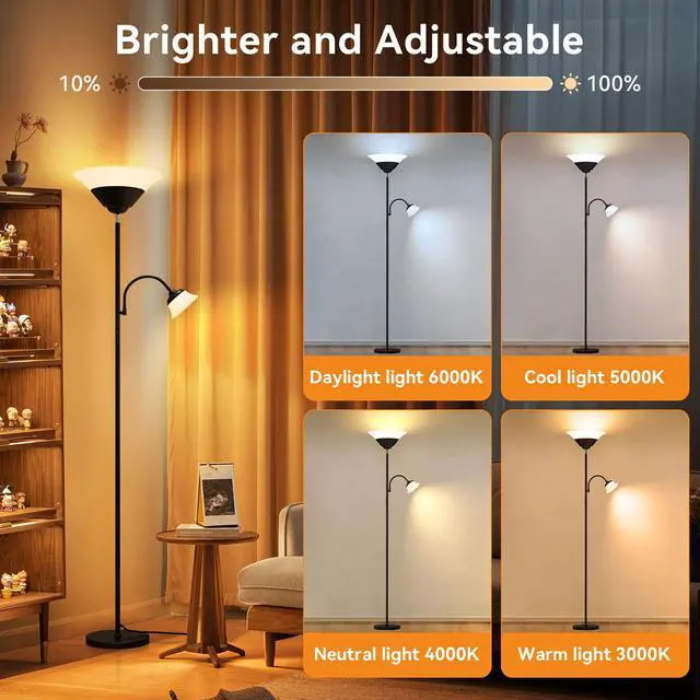 Alt view image 4 of 7 - SIBRILLE 2-in-1 Torchiere Floor Lamp, 34W Super Bright LED Standing Lamp with Remote & Touch Control, 72" Dimmable Adjustable Corner Reading Lamp for Living Room, Bedroom, Office, Black