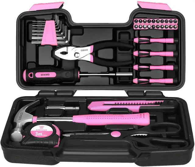 Main image of 39-Piece Pink Household Tool Kit for Women, Basic Hand Tool Set with Plastic Toolbox Storage Case, Small Starter Tool Box Set for Home Repairs, DIY Projects, Crafts and Dorm Essentials