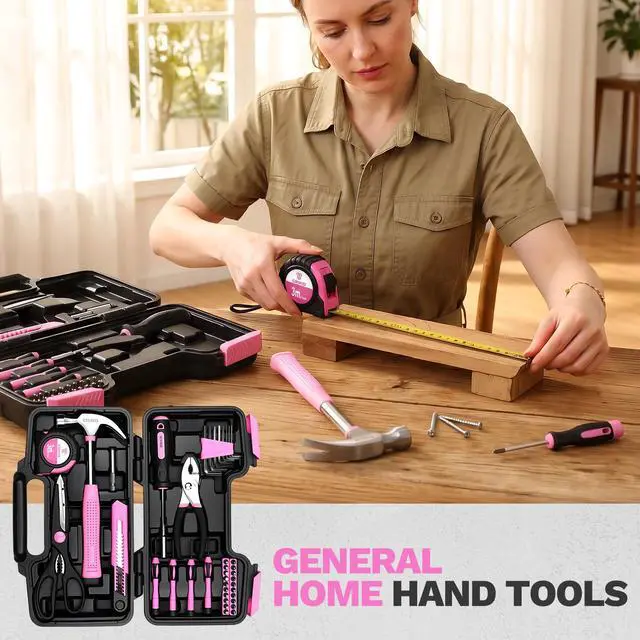 Alt view image 4 of 7 - 39-Piece Pink Household Tool Kit for Women, Basic Hand Tool Set with Plastic Toolbox Storage Case, Small Starter Tool Box Set for Home Repairs, DIY Projects, Crafts and Dorm Essentials