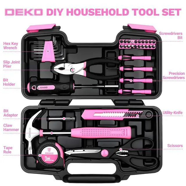 Alt view image 2 of 7 - 39-Piece Pink Household Tool Kit for Women, Basic Hand Tool Set with Plastic Toolbox Storage Case, Small Starter Tool Box Set for Home Repairs, DIY Projects, Crafts and Dorm Essentials