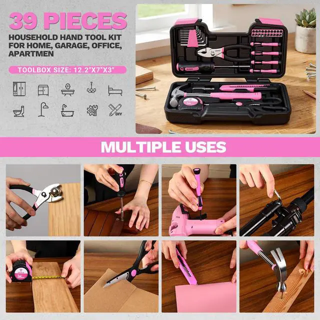 Alt view image 6 of 7 - 39-Piece Pink Household Tool Kit for Women, Basic Hand Tool Set with Plastic Toolbox Storage Case, Small Starter Tool Box Set for Home Repairs, DIY Projects, Crafts and Dorm Essentials